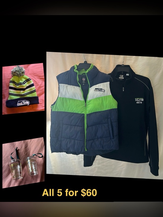 Jackets & Blazers - Seahawks women’s vest, men’s pullover, beanie & 2 Sbux ornaments